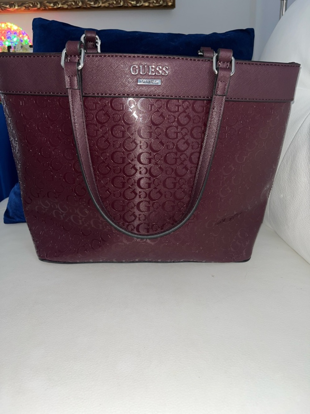 GUESS Plum Logo Tote with Silver Hardware
